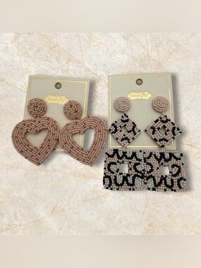 NEW Mudpie Beaded Statement Earrings- Lot of 2- Pink, Black, Animal Print